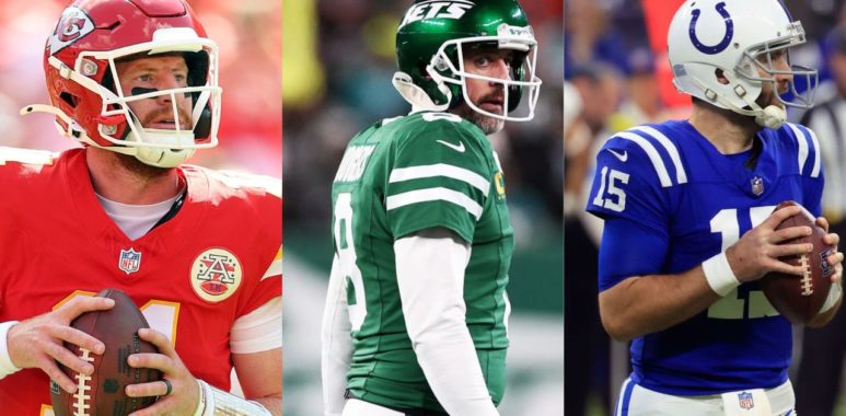 QB Carson Wentz con los Kansas City Chiefs; QB Aaron Rodgers con los New York Jets; QB Joe Flacco con los Indianapolis Colts
