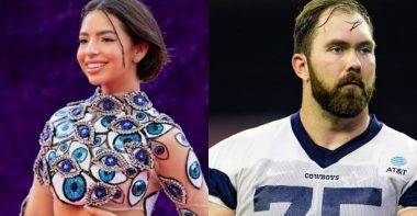 Ángela Aguilar (izquierda), Josh Ball de los New Orleans Saints (derecha)